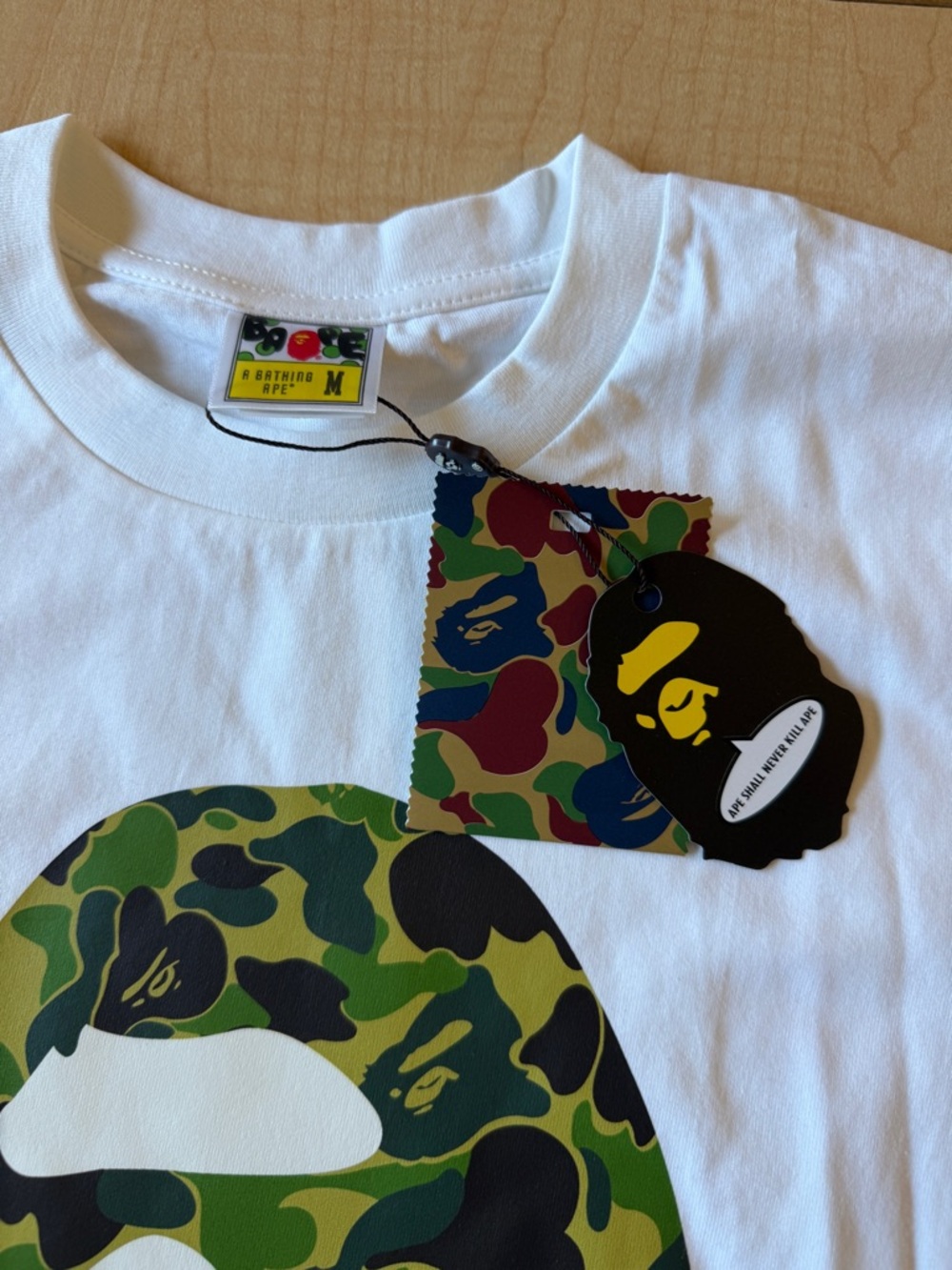 Bape White Tee with Green Camo Ape Head - Picture 3 of 3